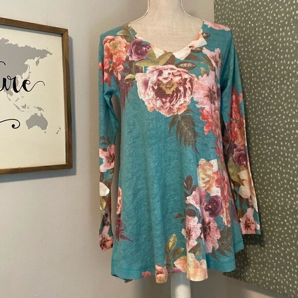 Soft Surroundings Turquoise Floral Print Lightweight Tunic Blouse Size Small - Picture 1 of 8